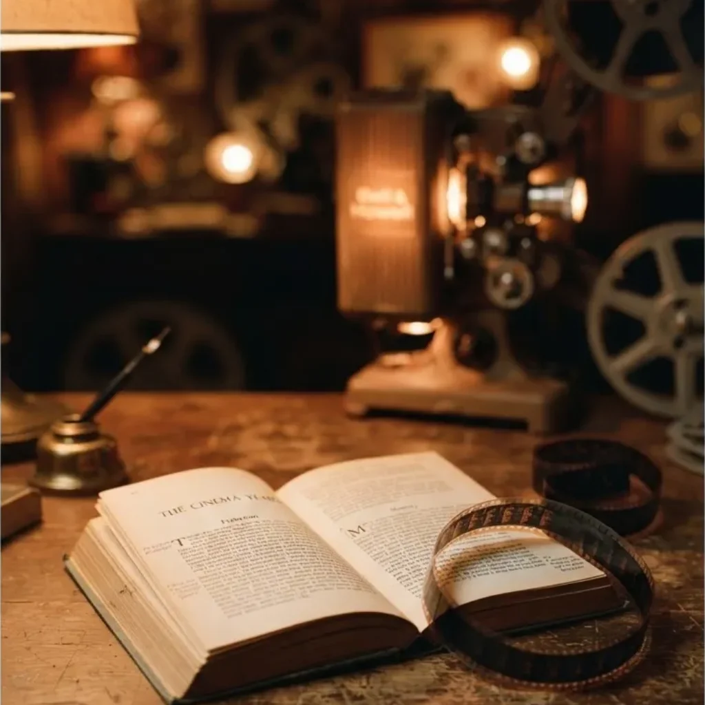 Открытая книга и киноплёнка в тёплом свете